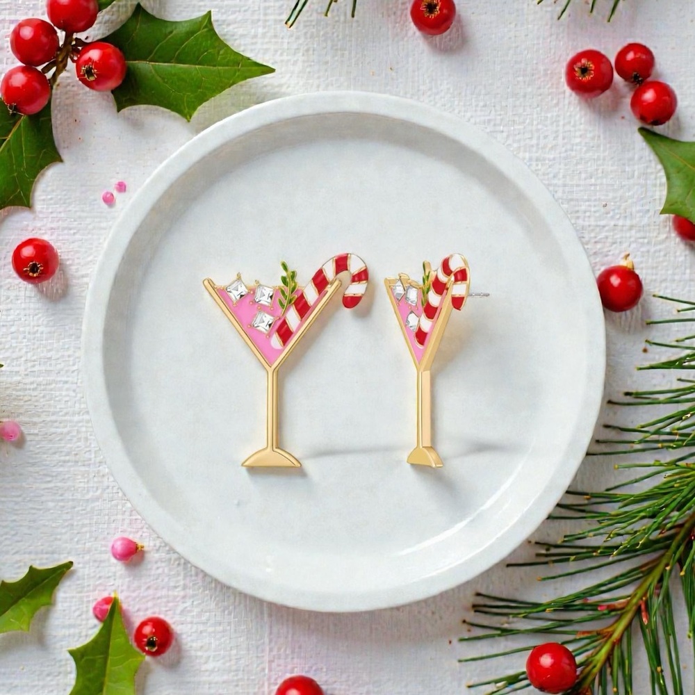 NWT Christmas Cocktail 14k gold plated enamel zircon earrings large new holiday